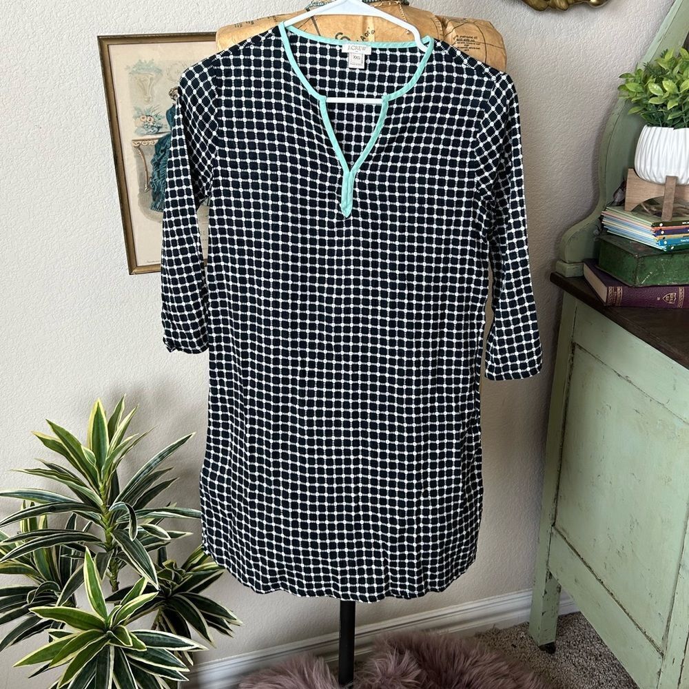 J Crew Navy Blue Geo Print Tunic V Neck Preppy Classic Dress Sz XXS